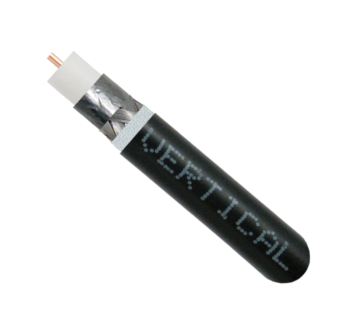 Vertical 107-1032/DB/R11 RG11 Direct Burial, Standard Shield, 14 AWG Solid CCS Conductor, Aluminum Foil with 60% Braid, Black 1k ft Reel