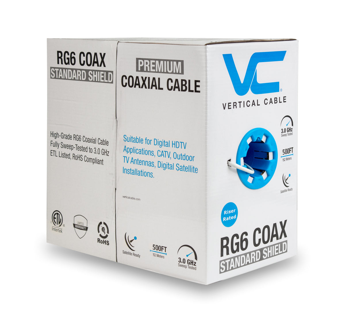 Vertical 107-1236WH6S500 RG6 Standard Shield, 18 AWG Solid CCS Conductor, Aluminum Foil with 60% Braid, White 500ft Box