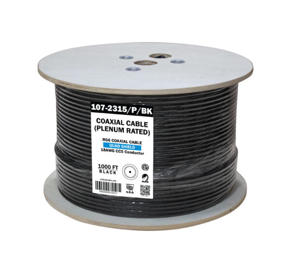 Vertical Cable RG6 Quad Shield Coaxial Cable 18 AWG Solid CCS Conductor Plenum 1000ft, Black