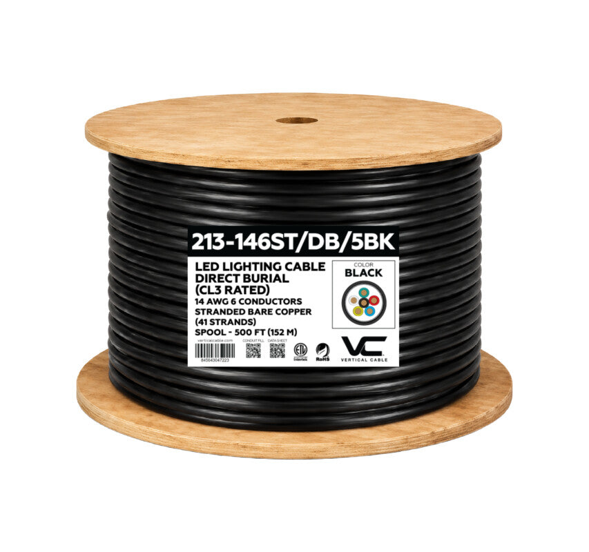 Vertical 213-146ST/DB/5BK LED Cable 14/6, 500 ft, Black, Direct Burial, 500 ft Spool