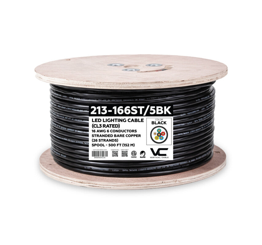 Vertical 213-166ST/5BK LED Cable 16/6, 500 ft, Black, CL3, 500 ft Spool