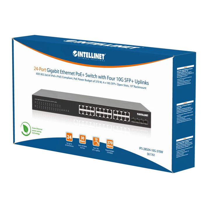 Intellinet 561761 24-Port Gigabit Ethernet PoE+ Switch with Four 10G SFP+ Uplinks
