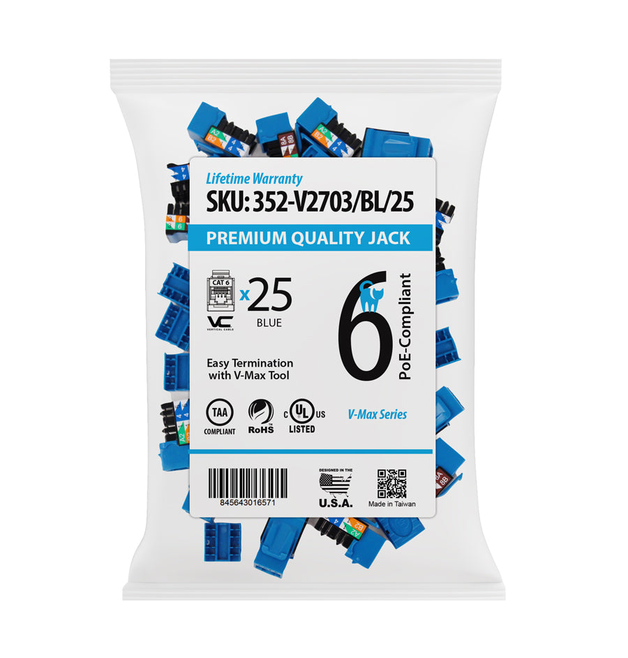 Vertical Cable CAT6 RJ45 Keystone Jack V-Max Series Single/25 pack