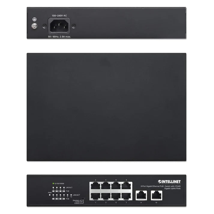 Intellinet 561402 8-Port Gigabit Ethernet PoE+ Switch with 2 RJ45 Gigabit Uplink Ports IPS-08G02-120W