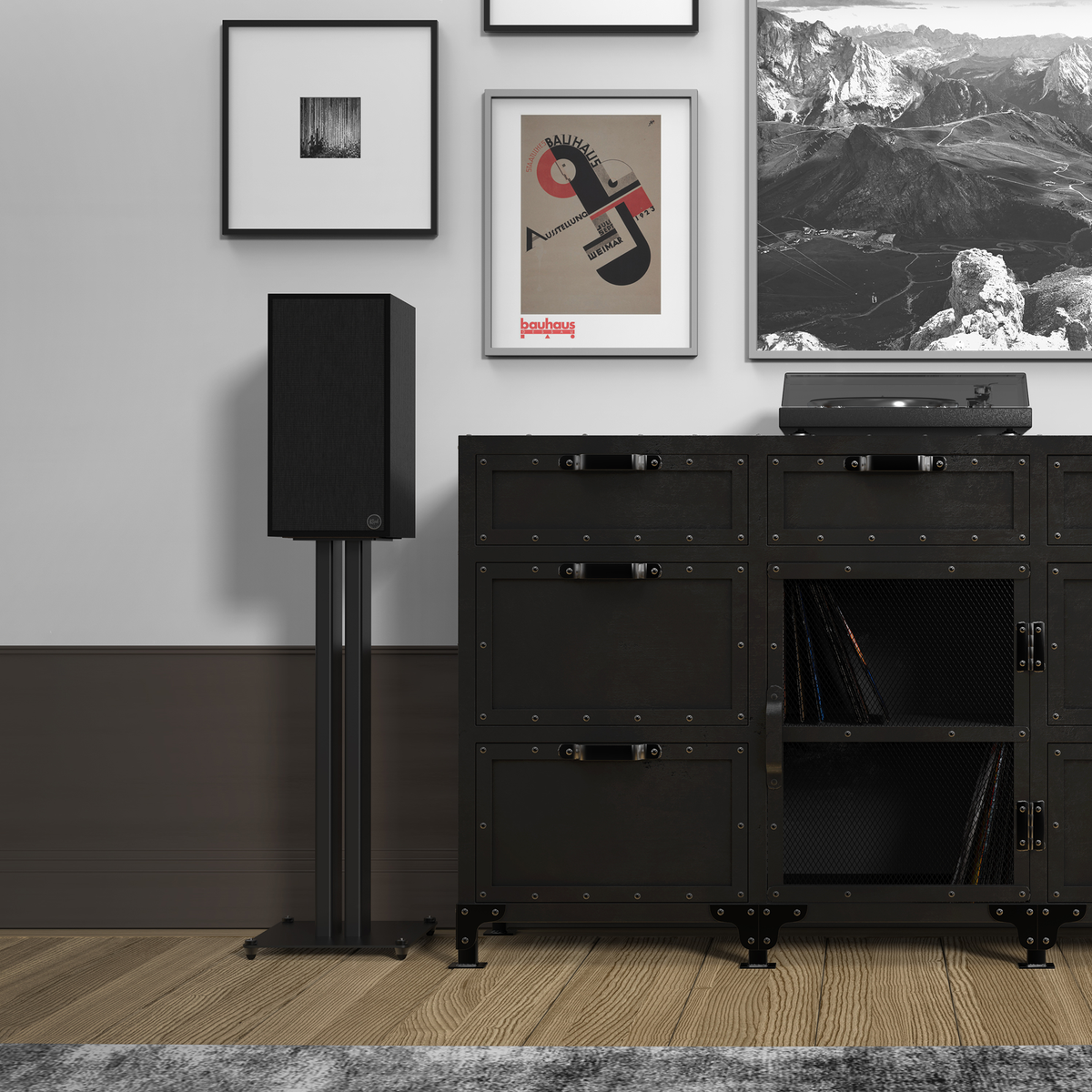 Klipsch KS-28 Speaker Stands Black KS 28 With Sevens Ebony Grille On In Front of Gallery Wall 2000x2000