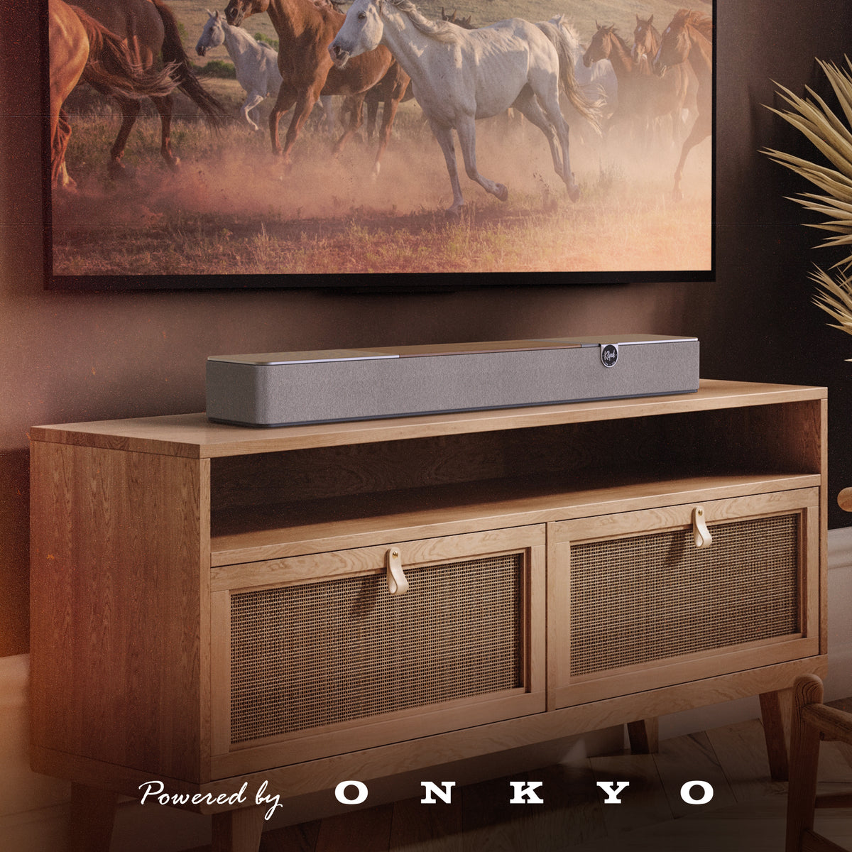 Klipsch Flexus Core 100 Soundbar NA Walnut Klipsch Flexus CORE 100 WN in warm living room with modern wild west decor with PBO logo