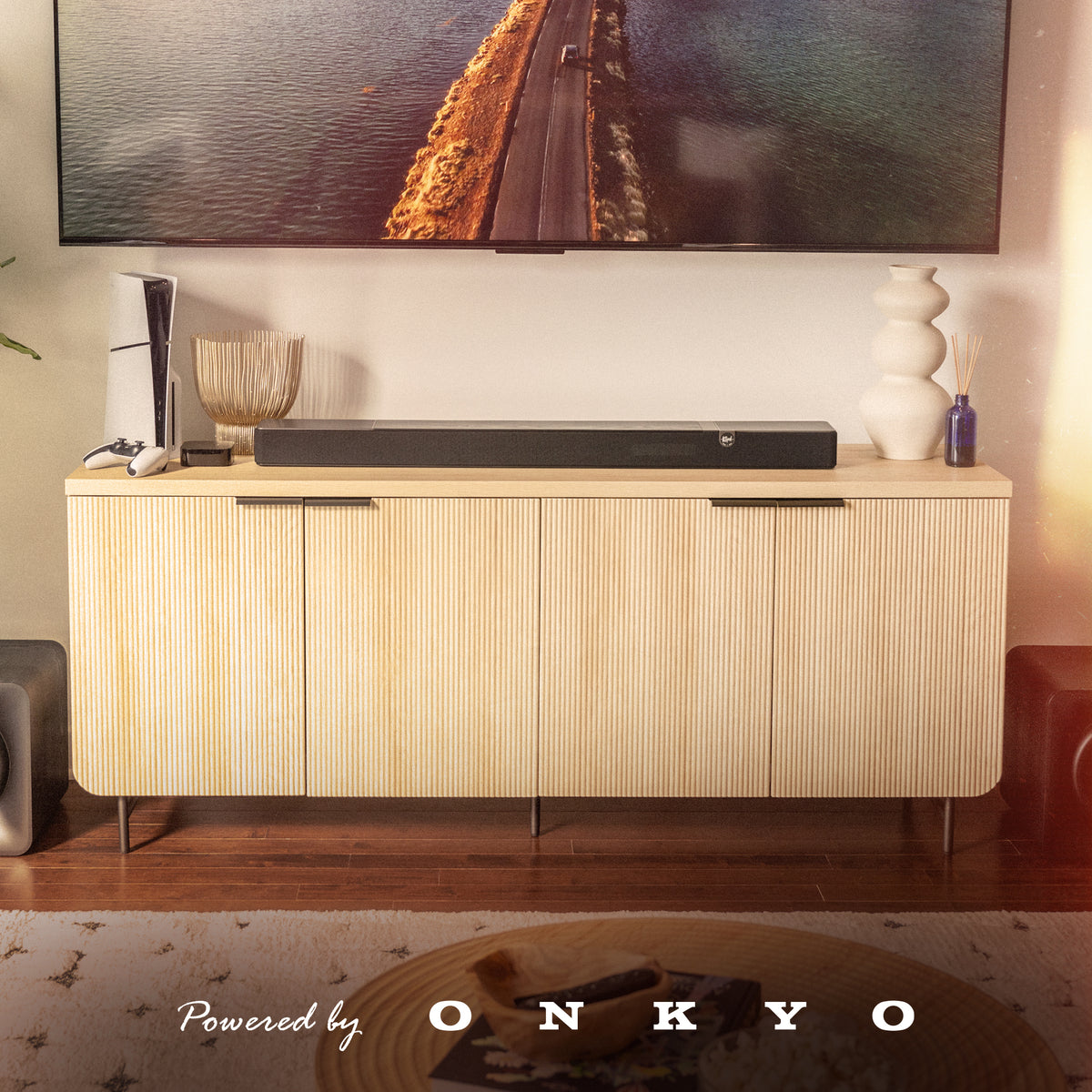 Klipsch Flexus Core 200 Soundbar NA Black Klipsch Flexus CORE 200 BK on modern media console with PBO logo