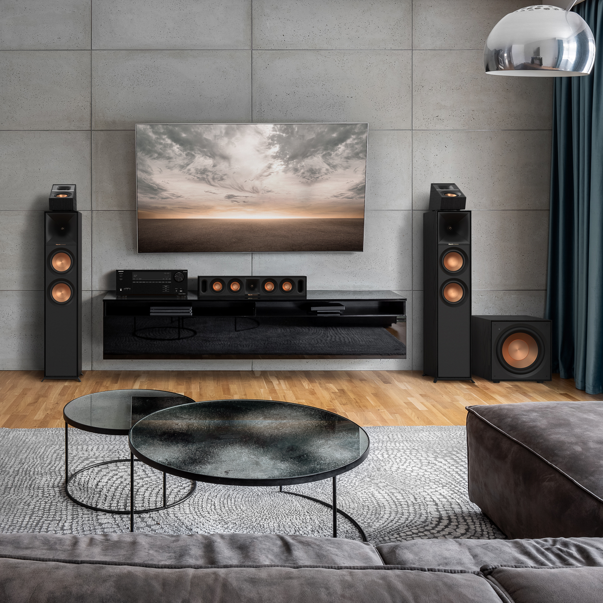 Klipsch R-101SW Black Klipsch R 101SW Subwoofer in a home theater setting with grilles off 6