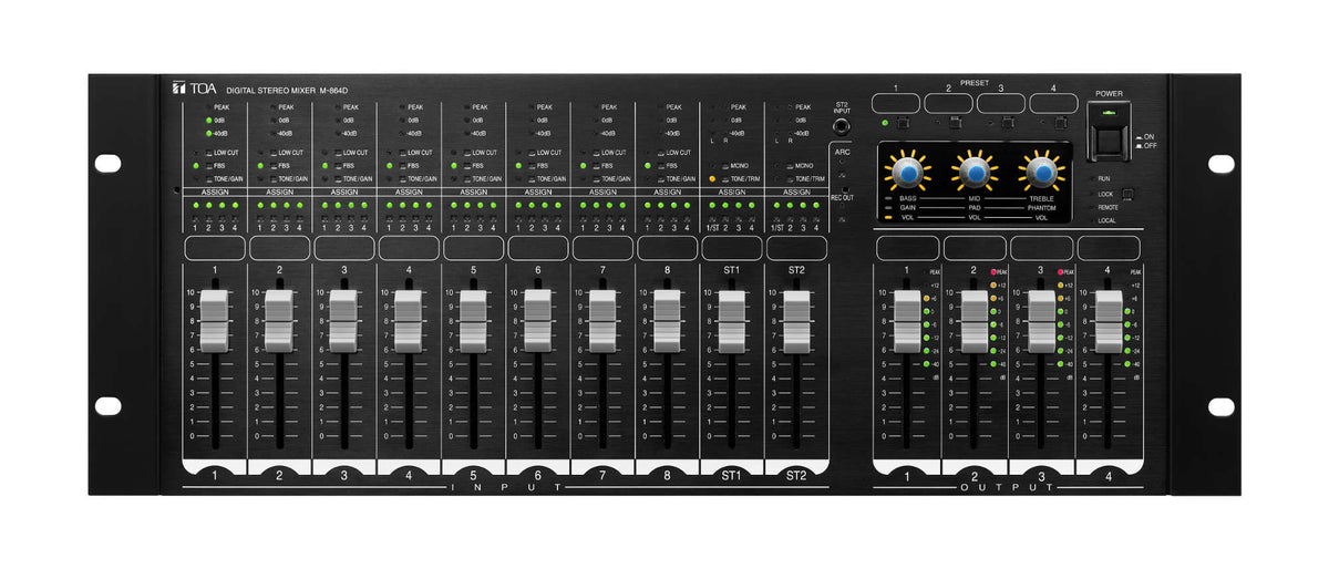 TOA M-864D digital stereo mixer with analogue faders, 4U black rack chassis
