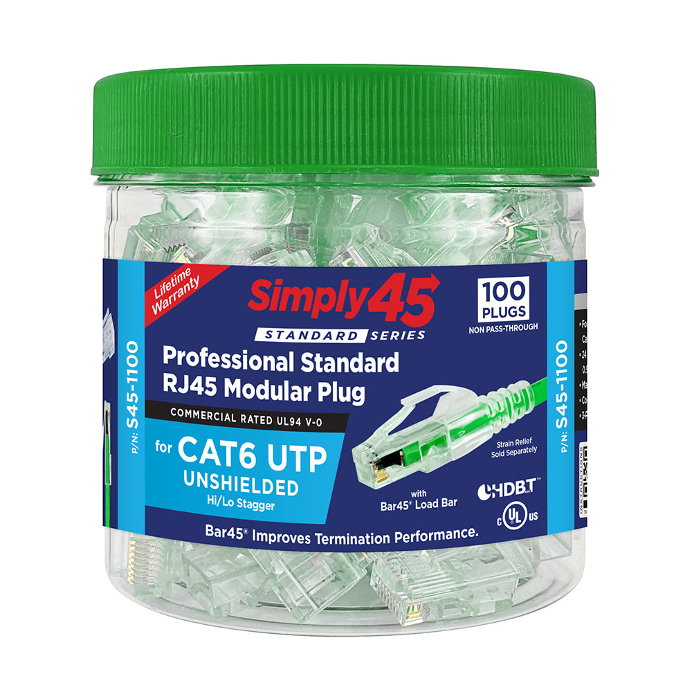 Simply45 S45-1100 Standard Cat6/6a UTP RJ45 Modular Plugs with Bar45™ Hi/Lo Stagger, Green Tint - 100pcs/Jar