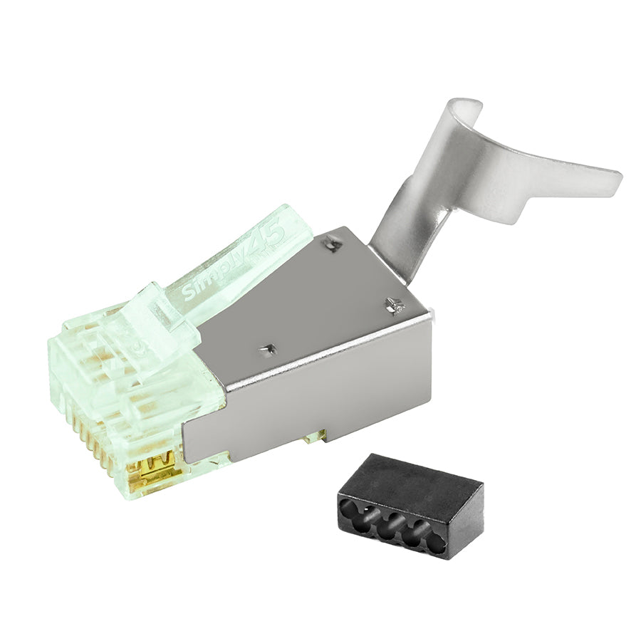 Simply45 S45-1150 Standard Shielded (External Ground) Cat6 STP RJ45 Modular Plugs with Bar45™ Green Tint, Hi/Lo Stagger - 50pcs/Jar