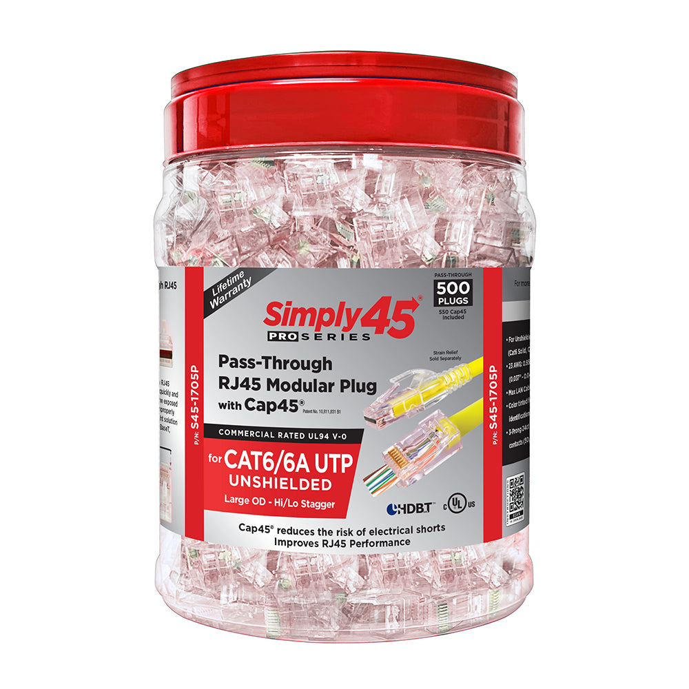 Simply45 S45-1705P ProSeries Cat6/6a Unshielded Pass-Through RJ45 Modular Plugs with Cap45® 500 pc/Jar