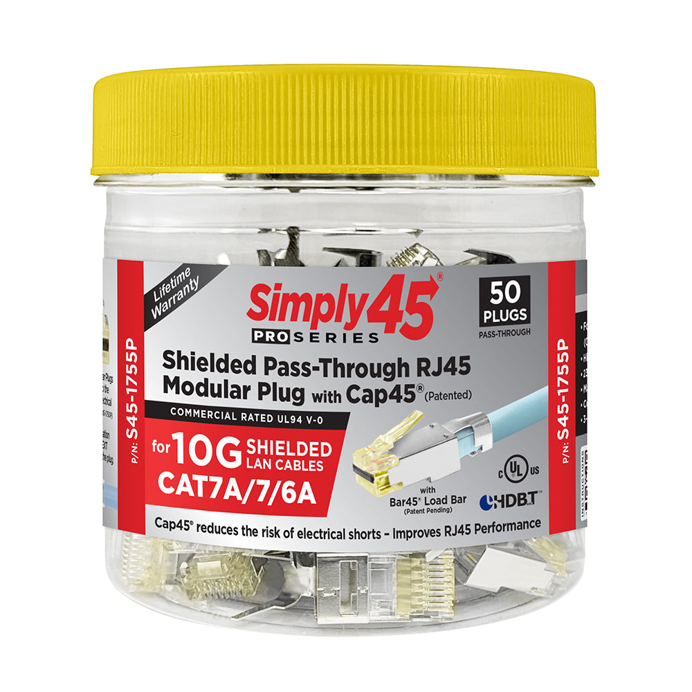 Simply45 S45-1755P ProSeries 10G Cat6a/7/7a Shielded External Ground – Pass-Through RJ45 with Cap45® & Bar45® 50 pc/Jar