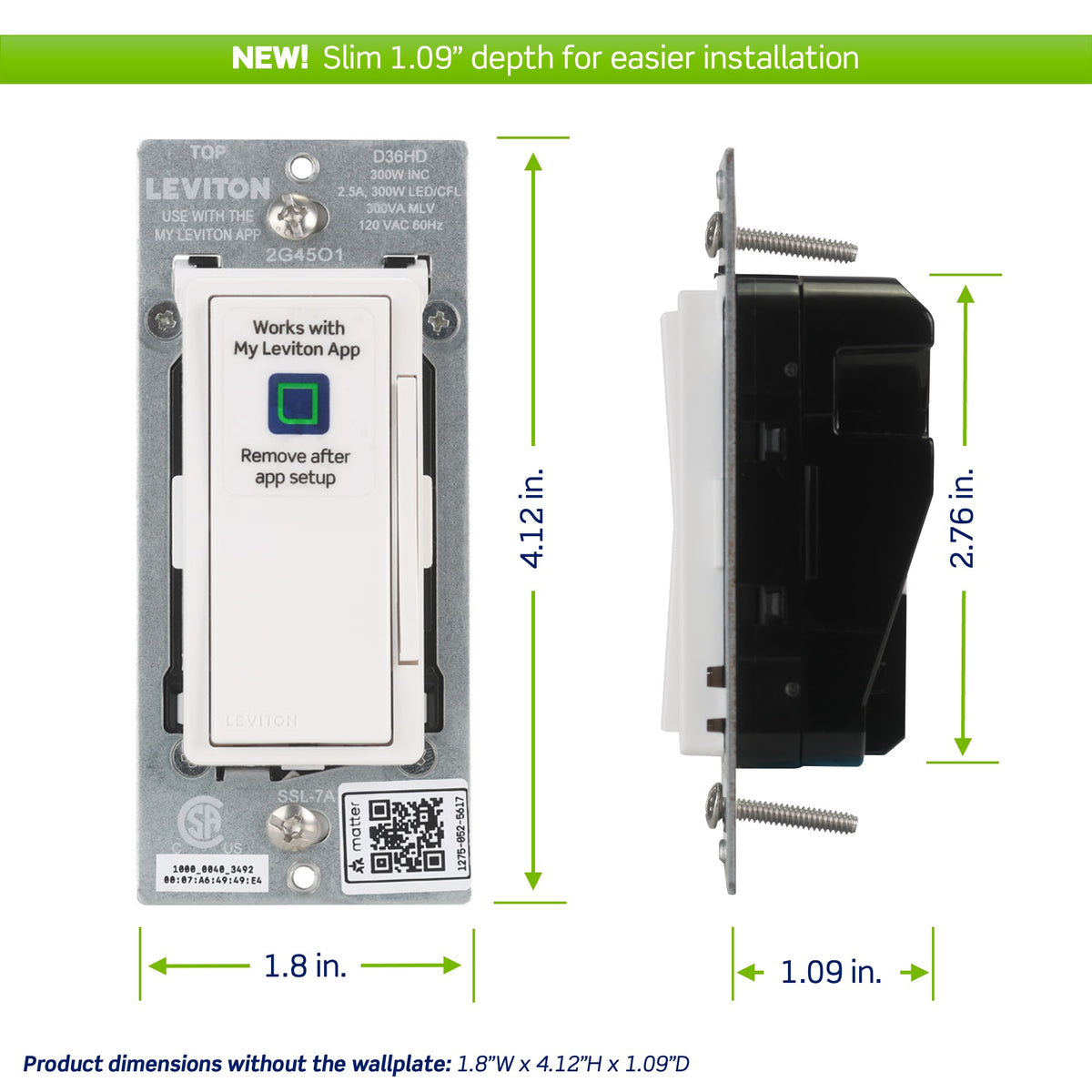 Leviton D36HD-1BW Decora Smart Wi-Fi Dimmer Switch, Neutral Wire Required