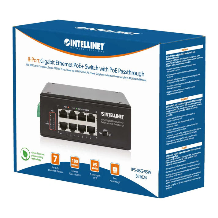 Intellinet 561624 Industrial PoE-Powered 8-Port Gigabit Switch with PoE Passthrough