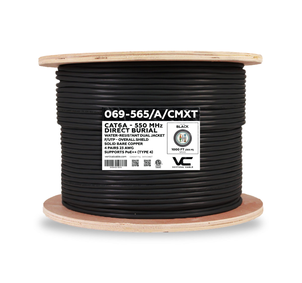 Vertical 069-565/A/CMXT CAT6A CMXT Shielded Cable, 23 AWG, 4 Pair, 1000 ft spool