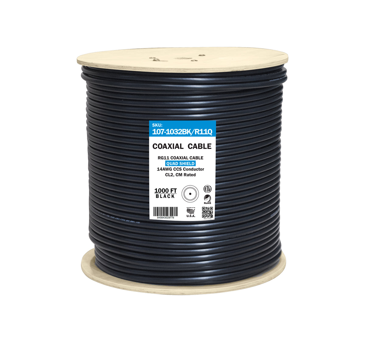 Vertical 107-1032BK/R11Q RG11 Quad Shield 18AWG CCS 1000ft Black Pull Box