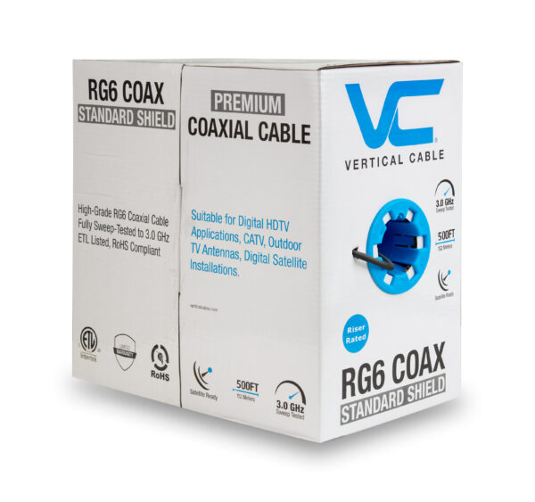 Vertical 107-1235BK6S500 RG6 Standard Shield, 18 AWG Solid CCS Conductor, Aluminum Foil with 60% Braid 500ft Box