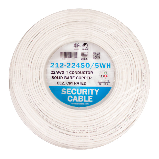 Vertical 212-224SO/5WH Alarm-Security Cable, Solid, Unshielded, 22AWG, 4 Conductor, 500 ft, Coil Pack, White