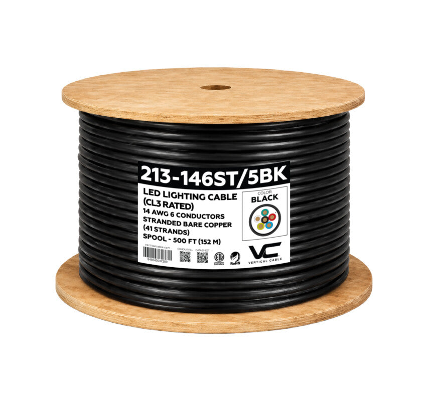 Vertical 213-146ST/5BK LED Cable 14/6, 500 ft, Black, CL3, 500 ft Spool