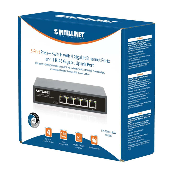 Intellinet 562010 5-Port PoE++ Switch with 4 Gigabit Ethernet Ports and 1 RJ45 Gigabit Uplink Port