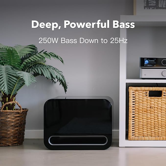 Wiim Sub Pro 8" 250 W Wireless Smart Subwoofer, AI RoomFit™ Calibration, Wi-Fi 6 & Bluetooth 5.3, 25 Hz Deep Bass, Works Streamers, Amps & Any RCA Sub-Out System, Black