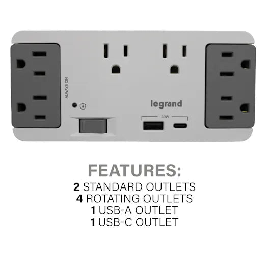 OnQ AC1062 6 Outlet Enclosure Surge Protector with One USB-A and One USB-C