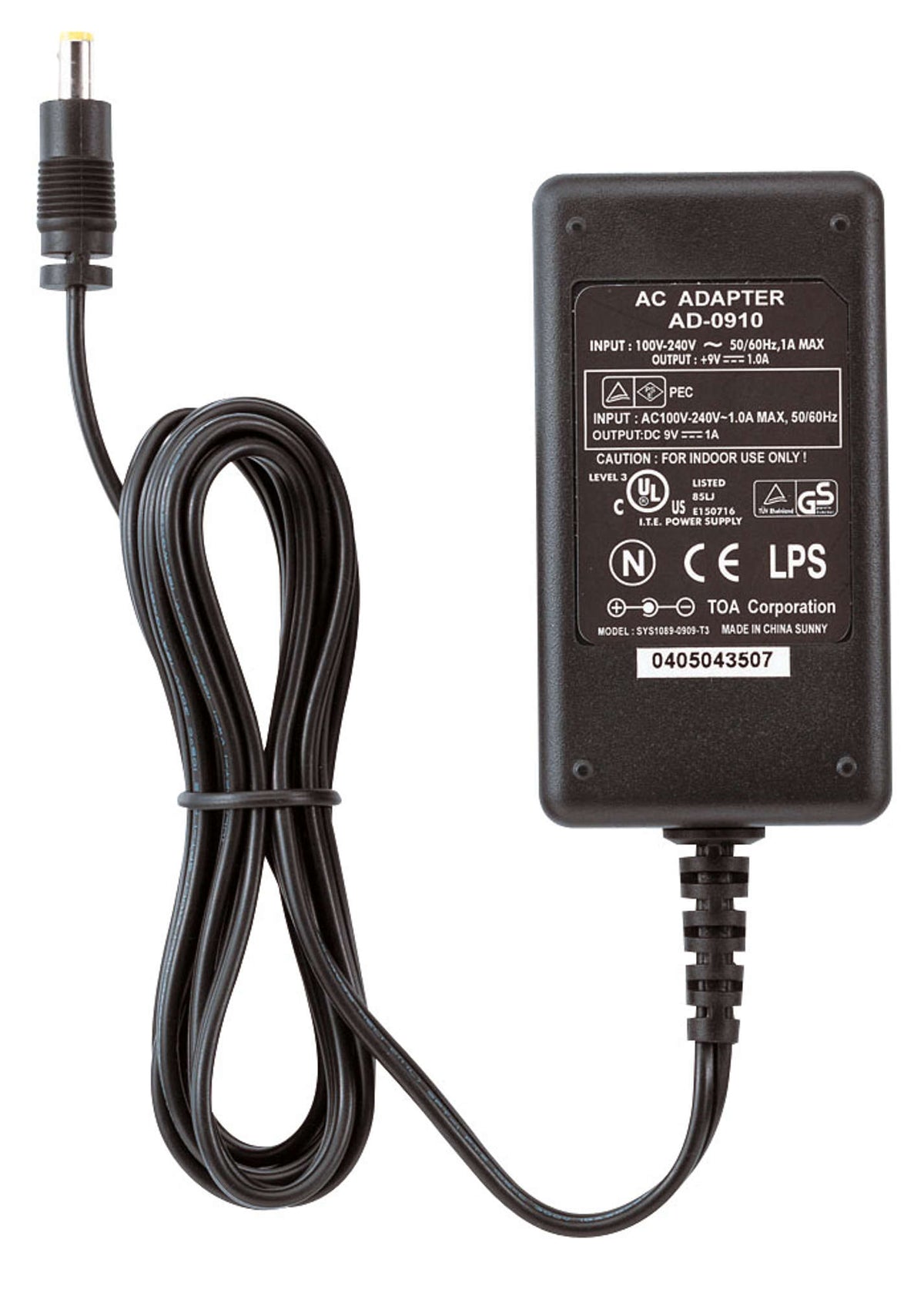 TOA AD-0910 UL Power Adapter for TS-800/900 Stations 9V/1A