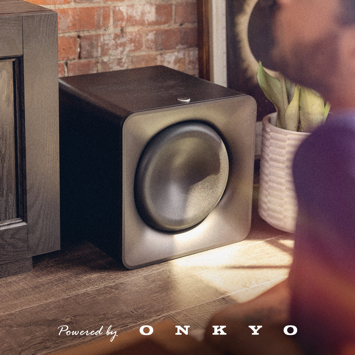 Klipsch Flexus 12'' Sub NA Black Flexus SUB 200 beside media cabinet and potted plant on brick wall