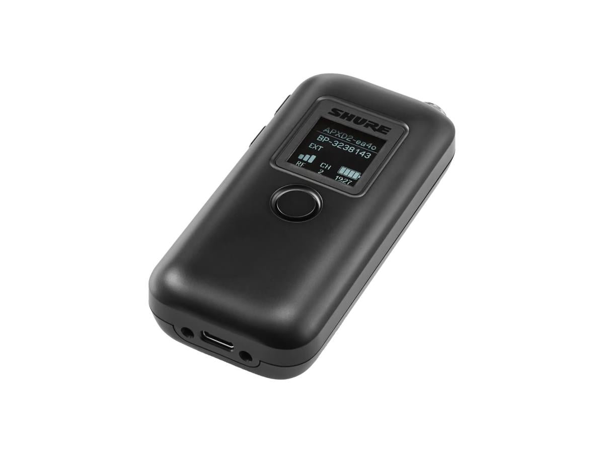 Shure MXW1X/O=-Z10 Bodypack Transmitter with Integrated Omnidirectional Microphone, 4-Pin Mini Connector (TA4M), B/W matrix LC-Display, USB-C charging port, audio