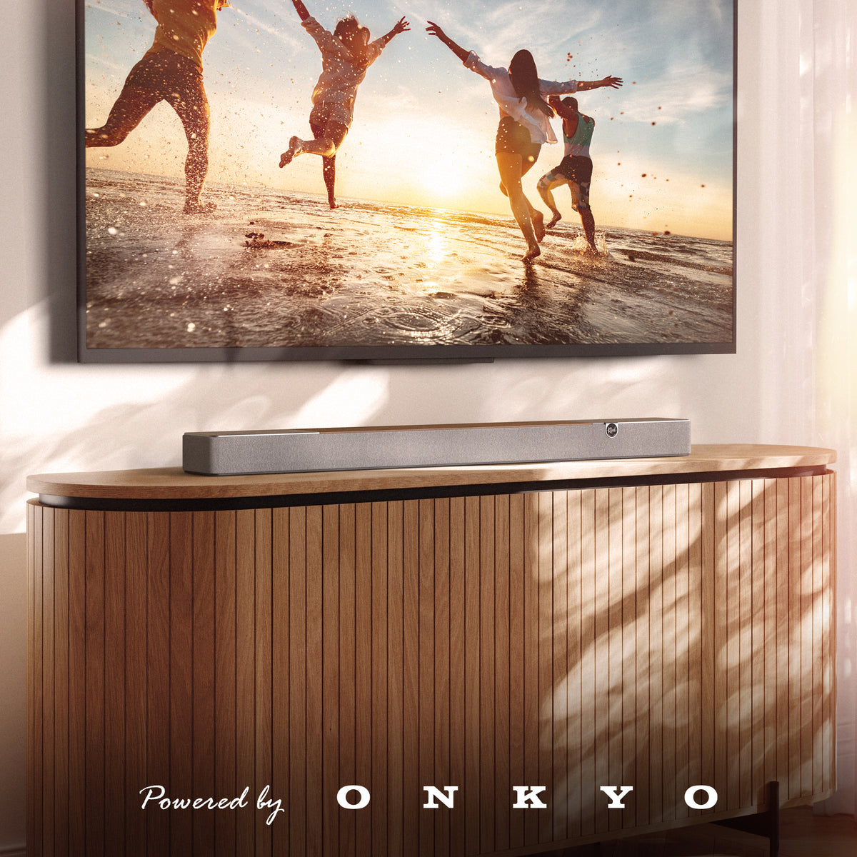 Klipsch Flexus Core 200 Soundbar NA Walnut Klipsch Flexus CORE 200 WN on scandinavian modern media console with PBO logo