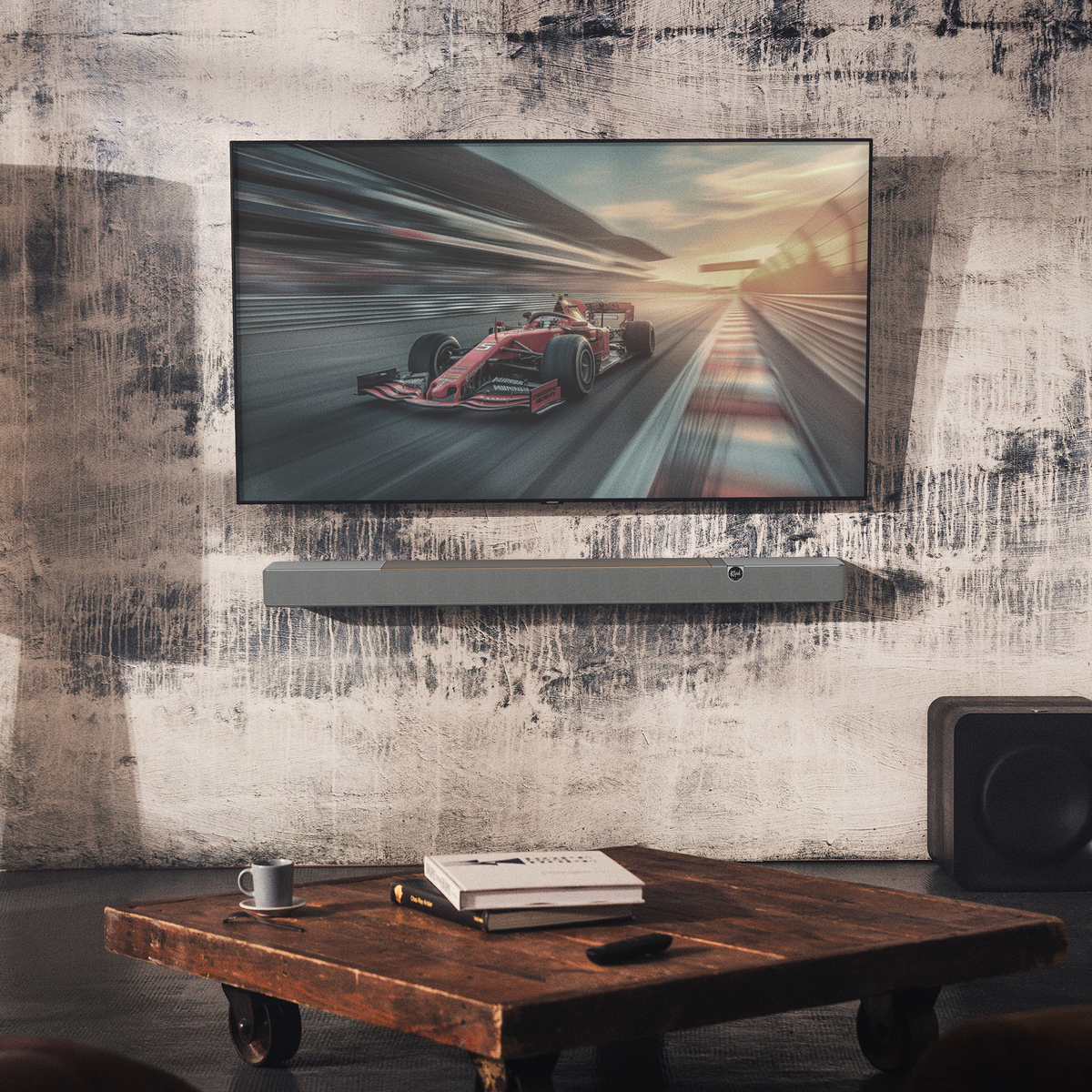Klipsch Flexus Core 200 Soundbar NA Walnut Klipsch Flexus CORE 200 WN SUB 100 in loft with race on tv