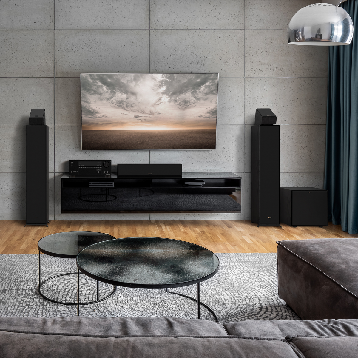 Klipsch R-101SW Black Klipsch R 101SW Subwoofer in a home theater setting with grilles on 7