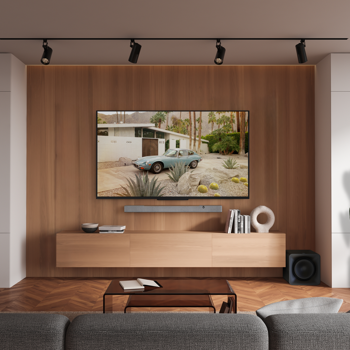 Klipsch Flexus Core 200 Soundbar NA Walnut Klipsch Flexus CORE 200 WN SUB 100 in big modern living room