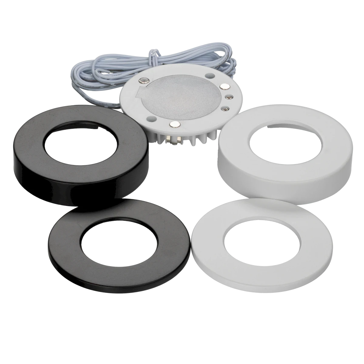 Proluxe PLX-OMNSLI-3CCT-WHBK 24V SUPER SLIM PUCK LIGHT, ROUND, FLEXIBLE MAGNET SCREWLESS TRIM CAN. SURFACE OR RECESS MOUNT, ALUMINIUM HOUSING 24V, 4W, CRI>90; 250-290L, DRY LOCATION, 5/8" HEIGHT; 72" LEADS. 2 ROUND TRIM RECESSED IN BK & WH