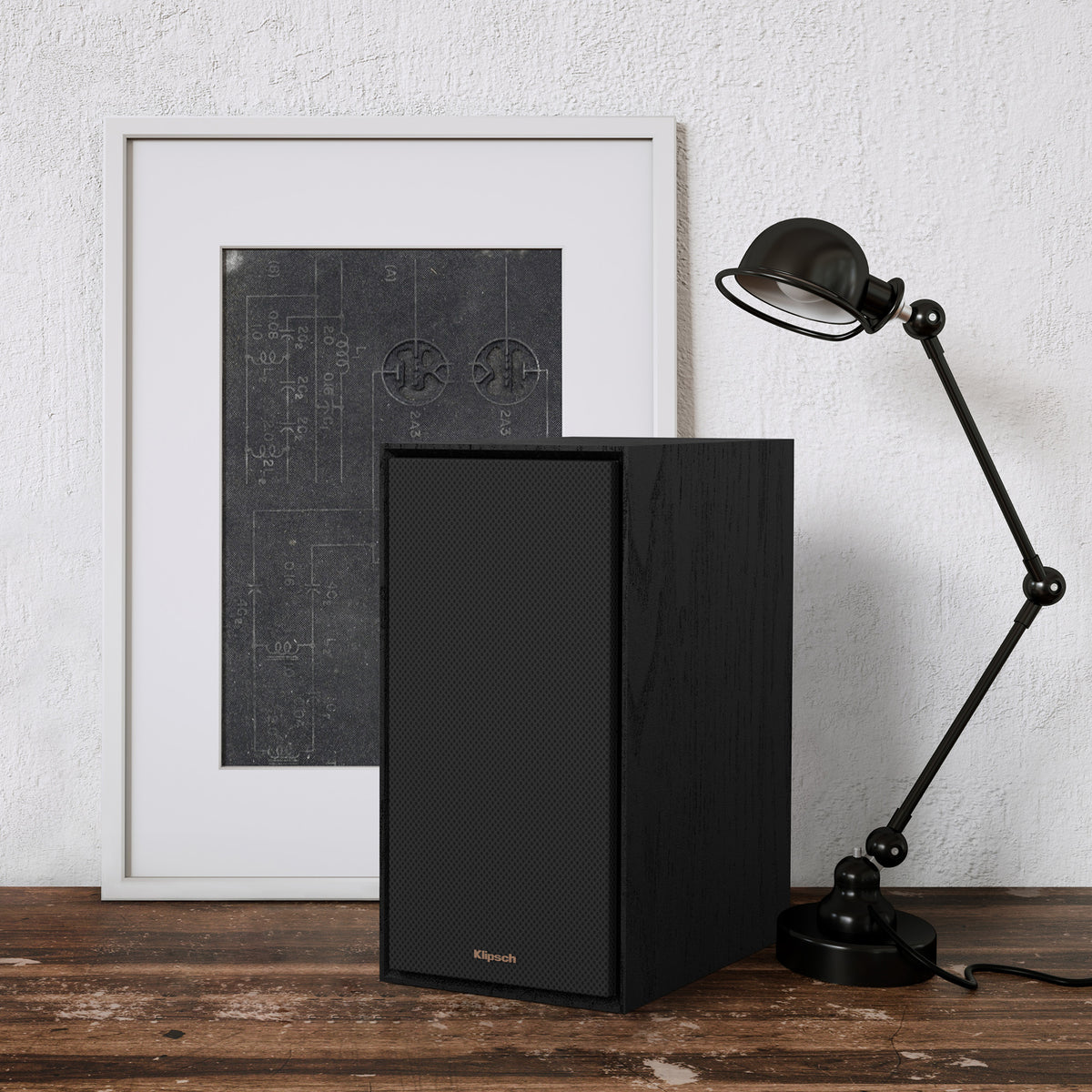Klipsch R-50PM POWERED SPEAKERS WITH 5.25” WOOFERS R 50PM Beside Framed Art and Desk Lamp grille on 2000x2000
