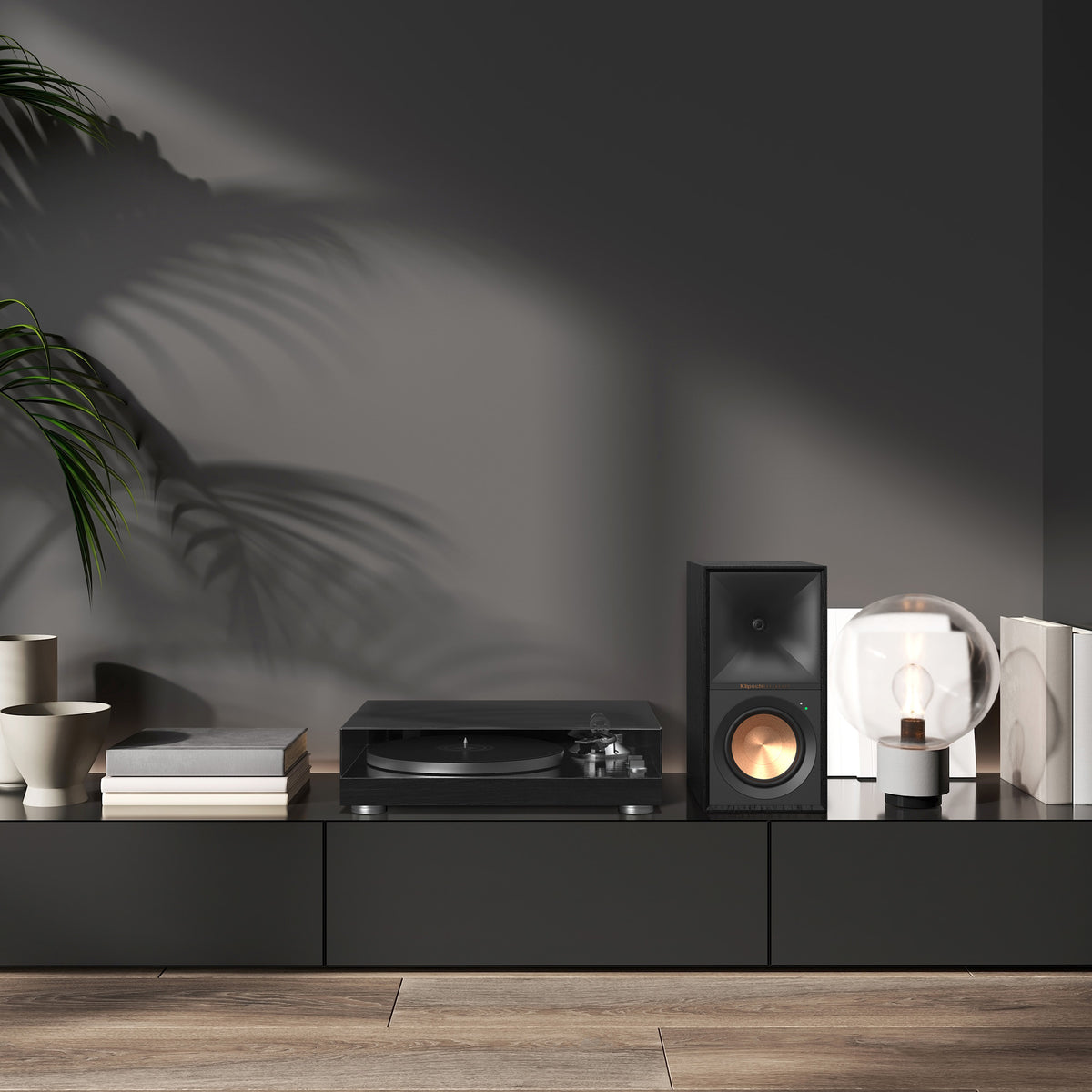 Klipsch R-50PM POWERED SPEAKERS WITH 5.25” WOOFERS R 50PM Beside Turntable in Moody Room grille off 2000x2000