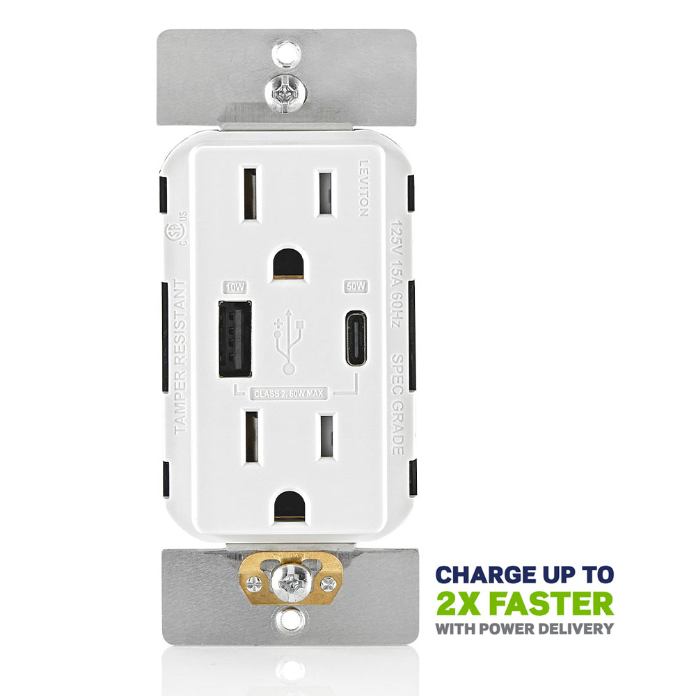 Leviton T5634-W 60W (20V@2.5A+ 5V@2A) USB Dual Type A/Type-C Power Delivery Wall Outlet Charger with 15A Tamper-Resistant Outlet
