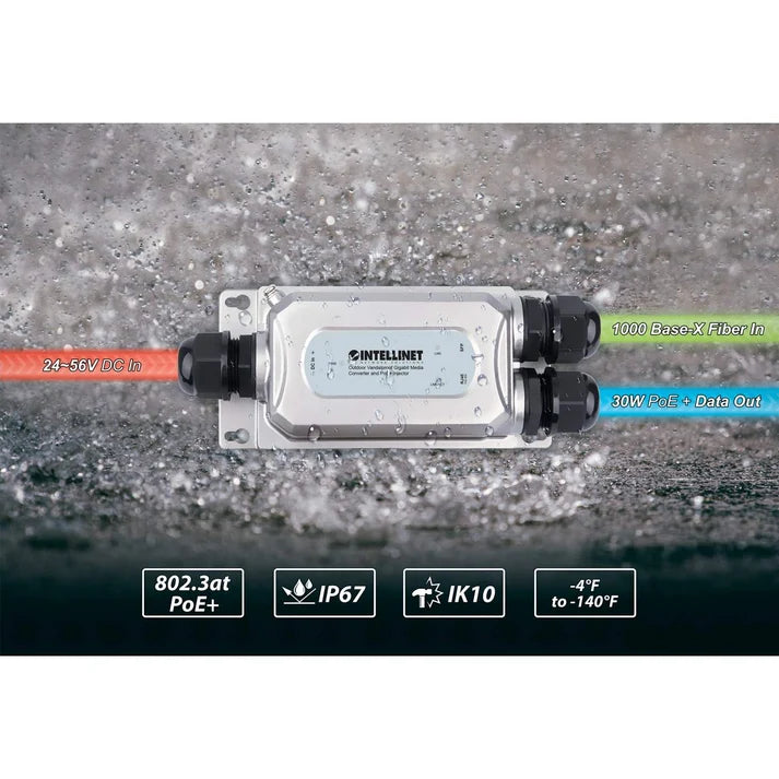 Intellinet 509213 Outdoor Vandalproof Gigabit Media Converter and PoE+ Injector 30W