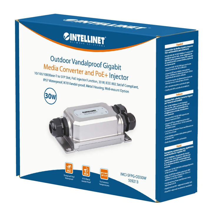 Intellinet 509213 Outdoor Vandalproof Gigabit Media Converter and PoE+ Injector 30W
