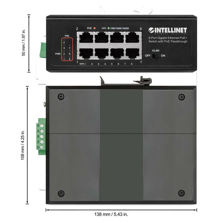 Intellinet 561624 Industrial PoE-Powered 8-Port Gigabit Switch with PoE Passthrough